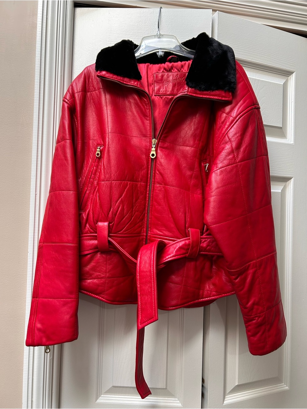 Jacqueline Ferrar Red Leather Belted Jacket with Black Fur Collar